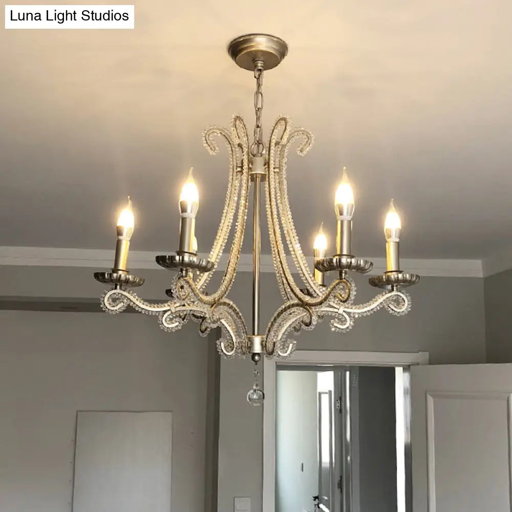 Classic Crystal Bead Pendant Chandelier - Nickel Finish 6-Bulb Ceiling Light