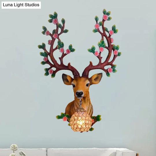 Classic Crystal Globe Wall Light Fixture With Deer Resin Backplate - White/Tan Sconce Lamp