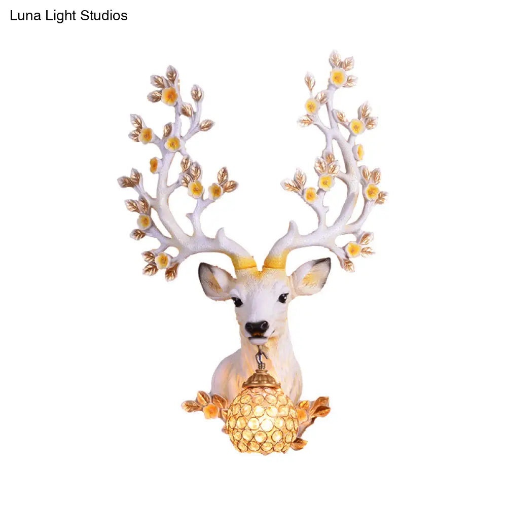 Classic Crystal Globe Wall Light Fixture With Deer Resin Backplate - White/Tan Sconce Lamp