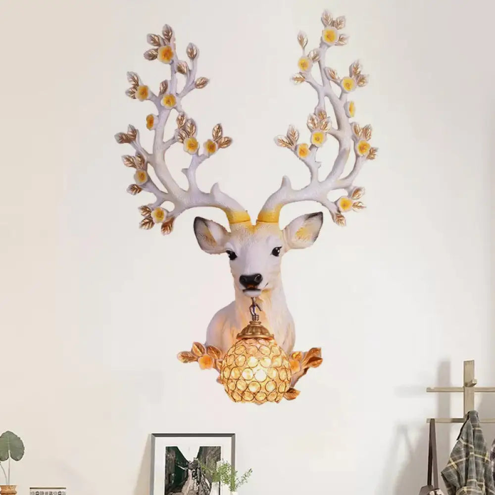 Classic Crystal Globe Wall Light Fixture With Deer Resin Backplate - White/Tan Sconce Lamp White