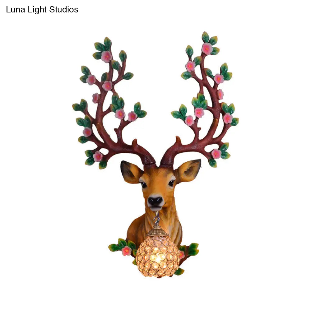 Classic Crystal Globe Wall Light Fixture With Deer Resin Backplate - White/Tan Sconce Lamp