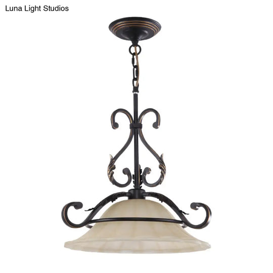 Classic Curved Iron Suspension Lighting With Distressed White Glass Shade - Dining Room Pendant