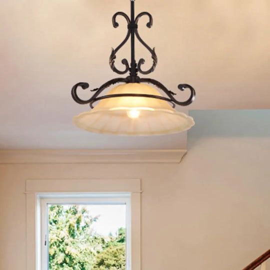 Classic Curved Iron Suspension Lighting With Distressed White Glass Shade - Dining Room Pendant