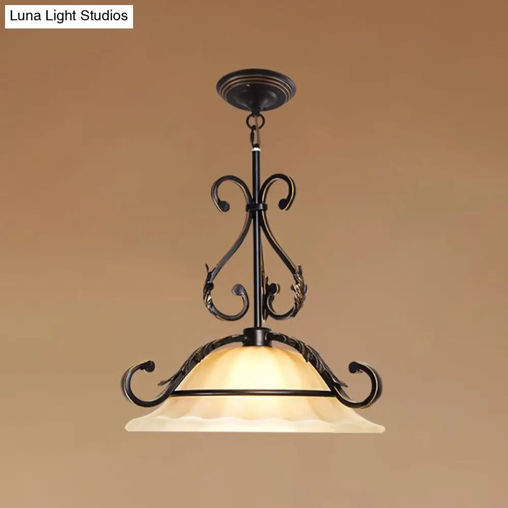 Classic Curved Iron Suspension Lighting With Distressed White Glass Shade - Dining Room Pendant