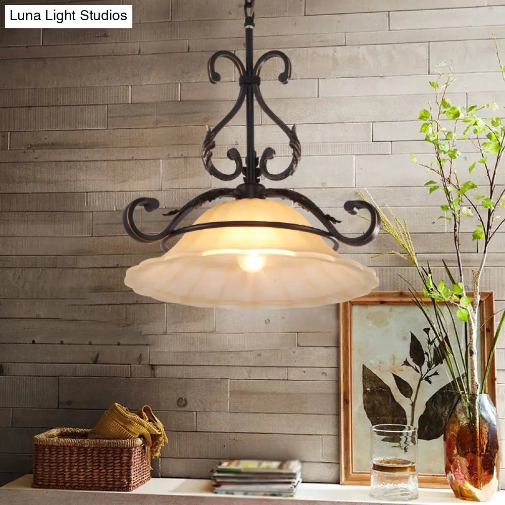 Classic Curved Iron Suspension Lighting With Distressed White Glass Shade - Dining Room Pendant