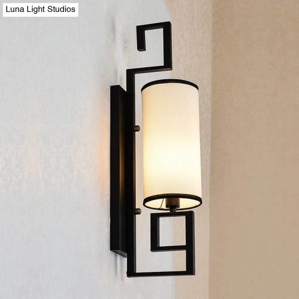 Classic Cylinder Metal Wall Sconce With Fabric Shade In Black/Gold - 1 Light Fixture