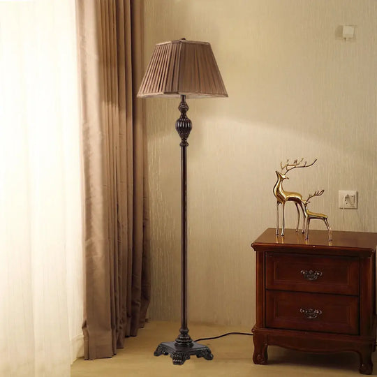 Classic Dark Coffee Plated Fabric Floor Lamp With Wood Base - Trapezoid Shade 1 Bulb