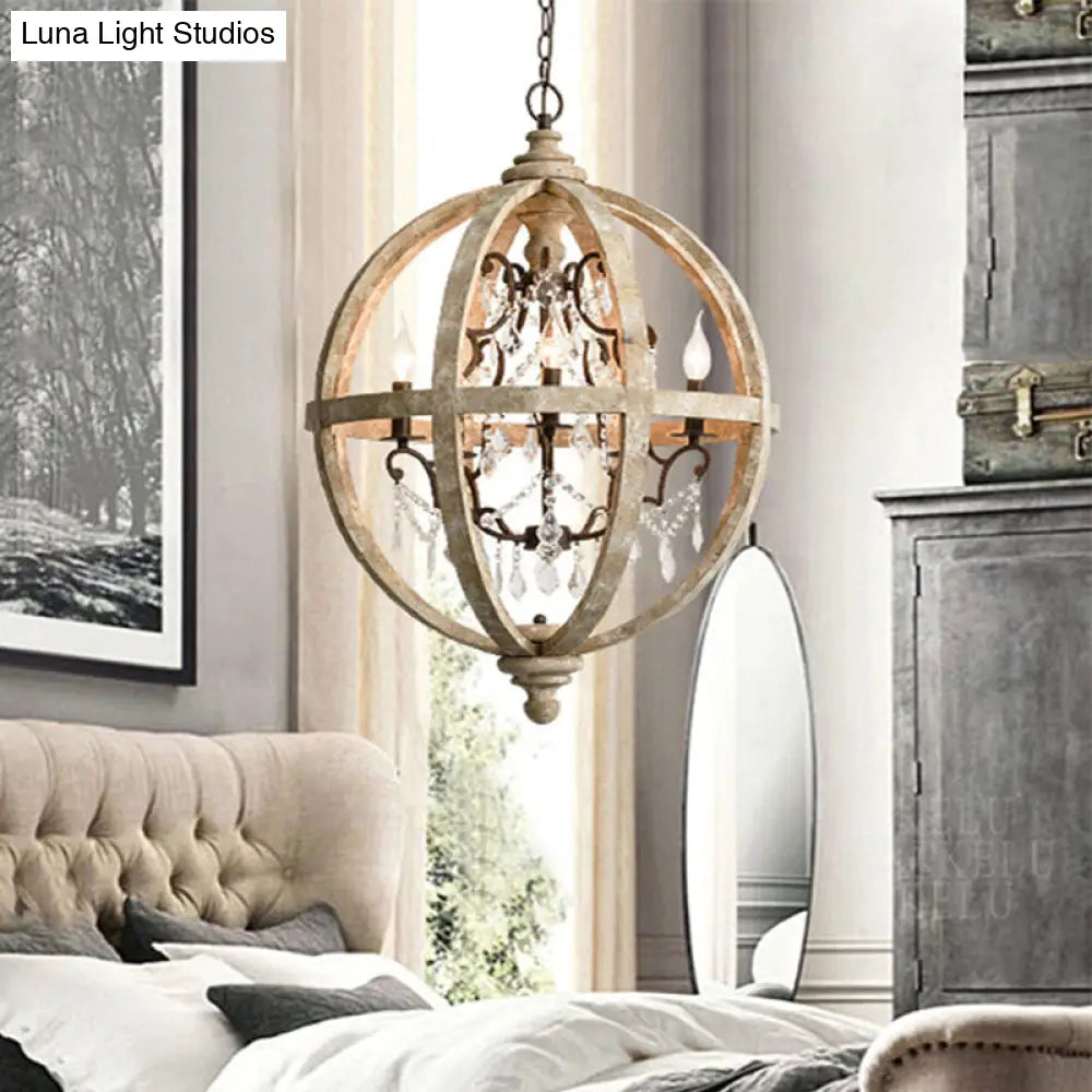 Classic Distressed White Wood Globe Cage Chandelier With Crystal Accent - 5-Light Bedroom Pendant