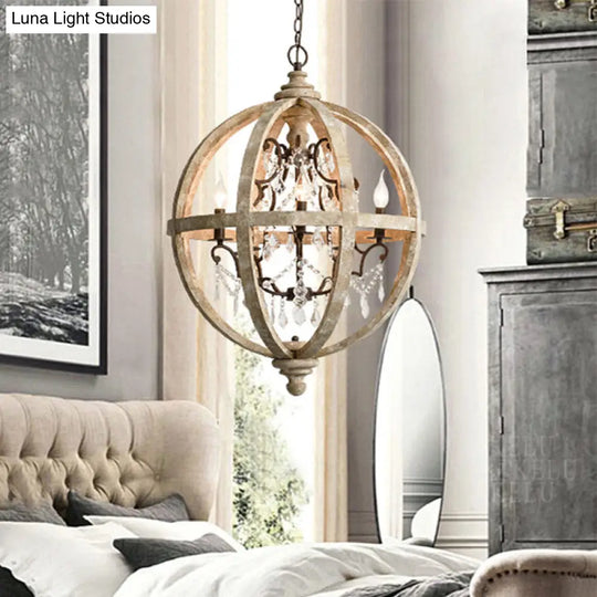 Classic Distressed White Wood Globe Cage Chandelier With Crystal Accent - 5-Light Bedroom Pendant