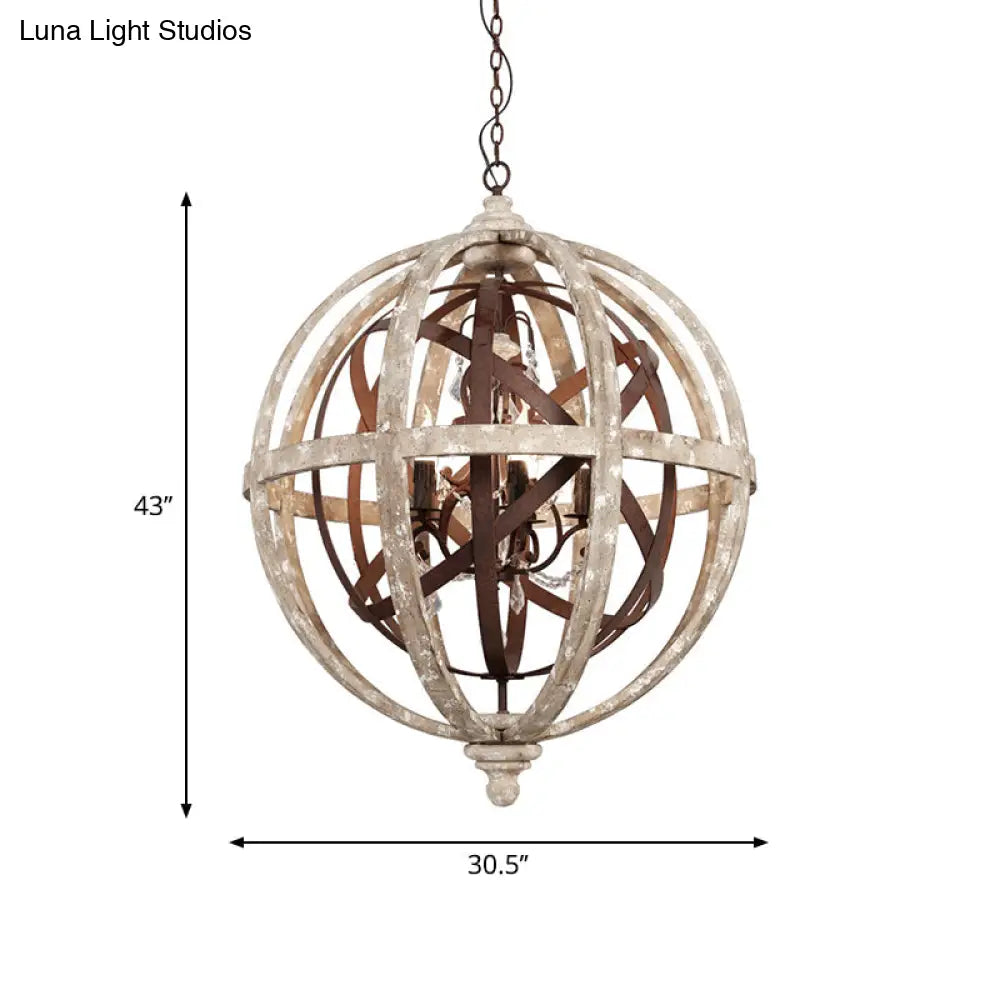 Classic Distressed White Wood Globe Cage Chandelier With Crystal Accent - 5-Light Bedroom Pendant