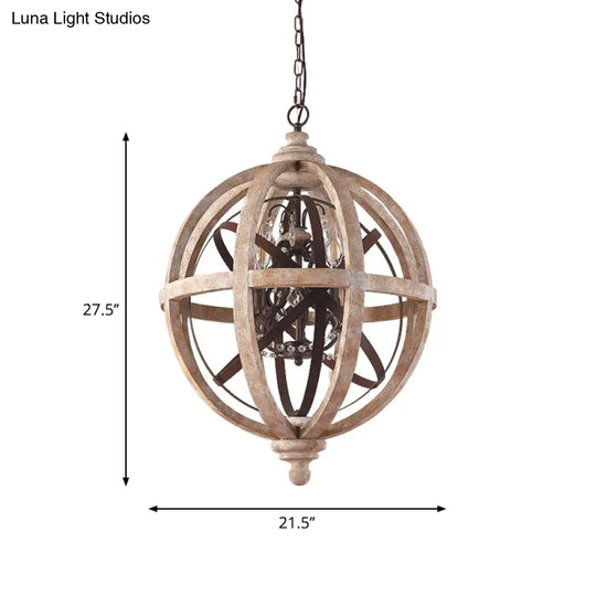 Classic Distressed White Wood Globe Cage Chandelier With Crystal Accent - 5-Light Bedroom Pendant