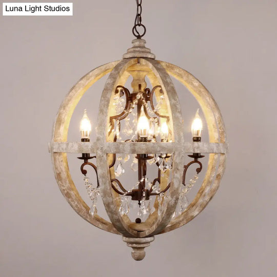 Classic Distressed White Wood Globe Cage Chandelier With Crystal Accent - 5-Light Bedroom Pendant