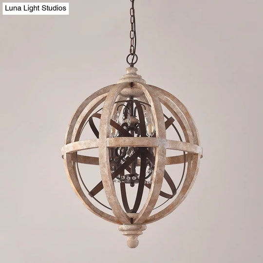 Classic Distressed White Wood Globe Cage Chandelier With Crystal Accent - 5-Light Bedroom Pendant