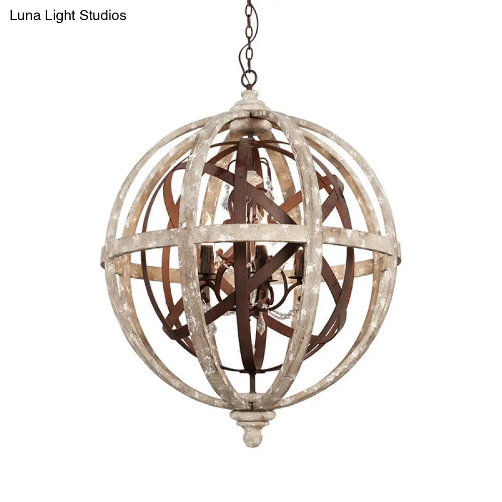 Classic Distressed White Wood Globe Cage Chandelier With Crystal Accent - 5-Light Bedroom Pendant