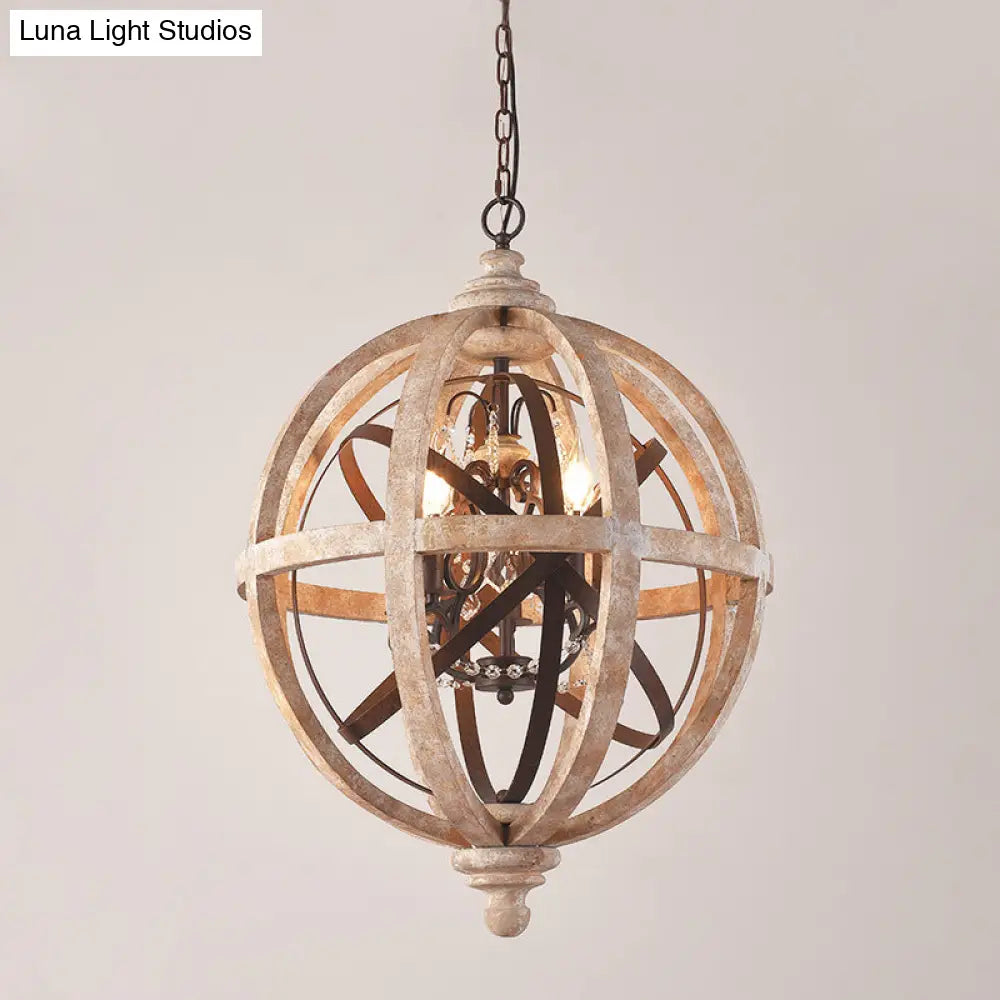 Classic Distressed White Wood Globe Cage Chandelier With Crystal Accent - 5-Light Bedroom Pendant