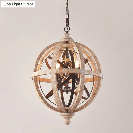 Classic Distressed White Wood Globe Cage Chandelier With Crystal Accent - 5-Light Bedroom Pendant