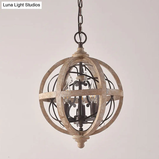 Classic Distressed White Wood Globe Cage Chandelier With Crystal Accent - 5-Light Bedroom Pendant