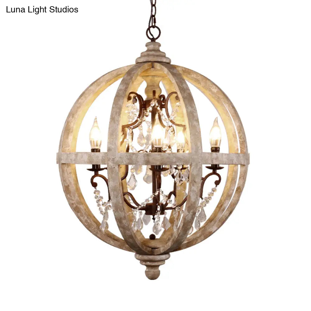 Classic Distressed White Wood Globe Cage Chandelier With Crystal Accent - 5-Light Bedroom Pendant