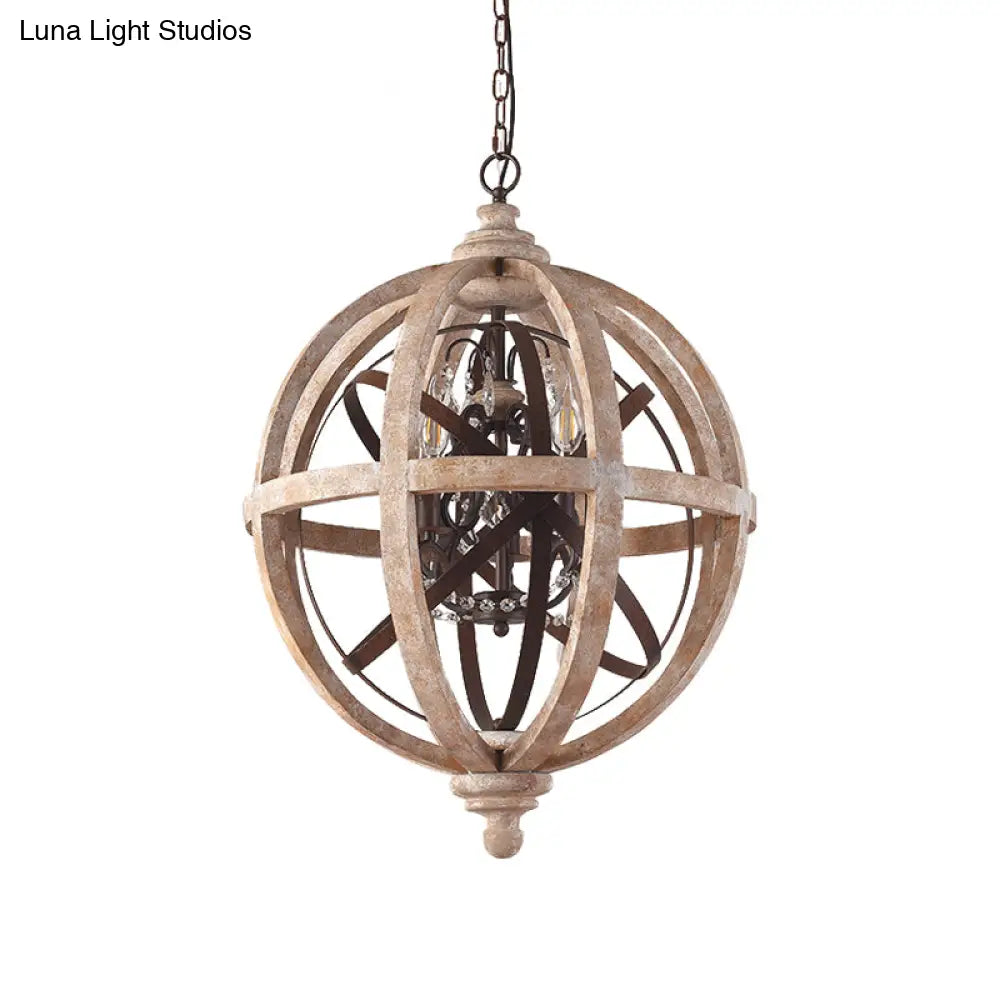 Classic Distressed White Wood Globe Cage Chandelier With Crystal Accent - 5-Light Bedroom Pendant