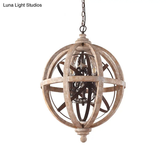 Classic Distressed White Wood Globe Cage Chandelier With Crystal Accent - 5-Light Bedroom Pendant