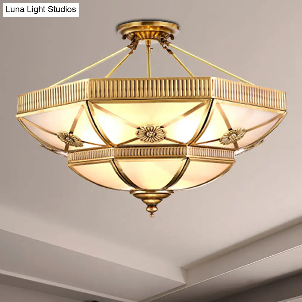 Classic Domed Semi Flush Light With Milky Glass Gold Mount - 4/6 Lights 18’/25’ Wide