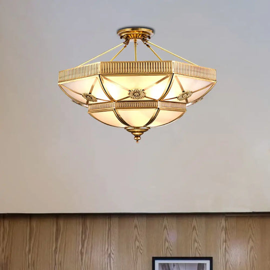 Classic Domed Semi Flush Light With Milky Glass Gold Mount - 4/6 Lights 18’/25’ Wide / 18’