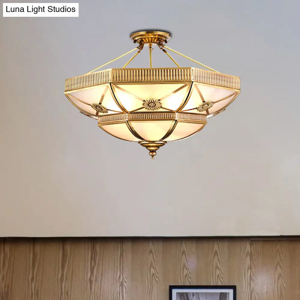 Classic Domed Semi Flush Light With Milky Glass Gold Mount - 4/6 Lights 18/25 Wide / 18