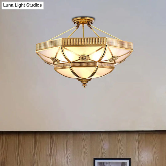 Classic Domed Semi Flush Light With Milky Glass Gold Mount - 4/6 Lights 18/25 Wide / 18