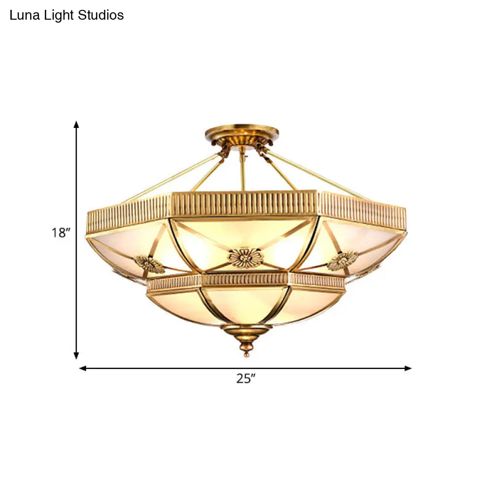 Classic Domed Semi Flush Light With Milky Glass Gold Mount - 4/6 Lights 18/25 Wide