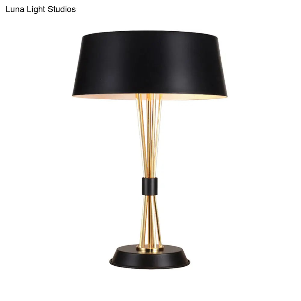 Classic Drum Reading Light Fabric Desk Lamp - Black Metal Base Bedroom Illumination Solution