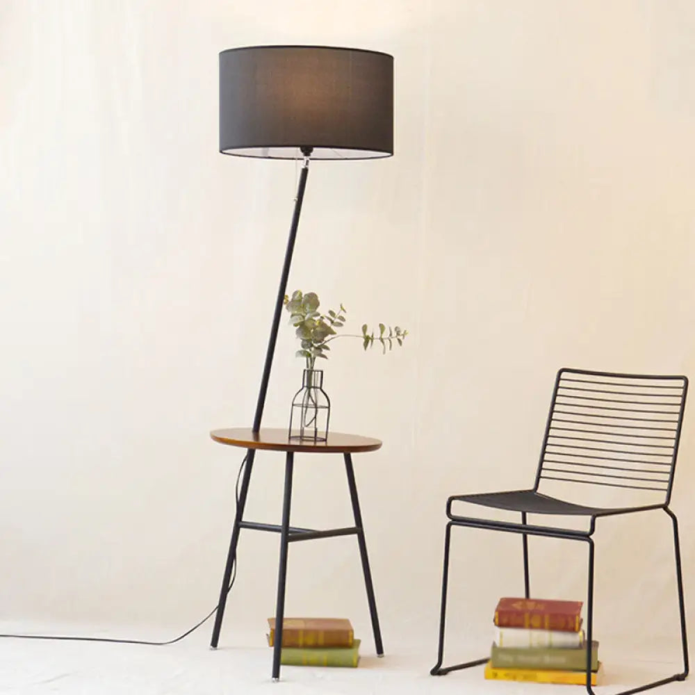 Classic Drum Shaped Fabric Floor Lamp With Tripod Tray - Perfect Living Room Lighting Black