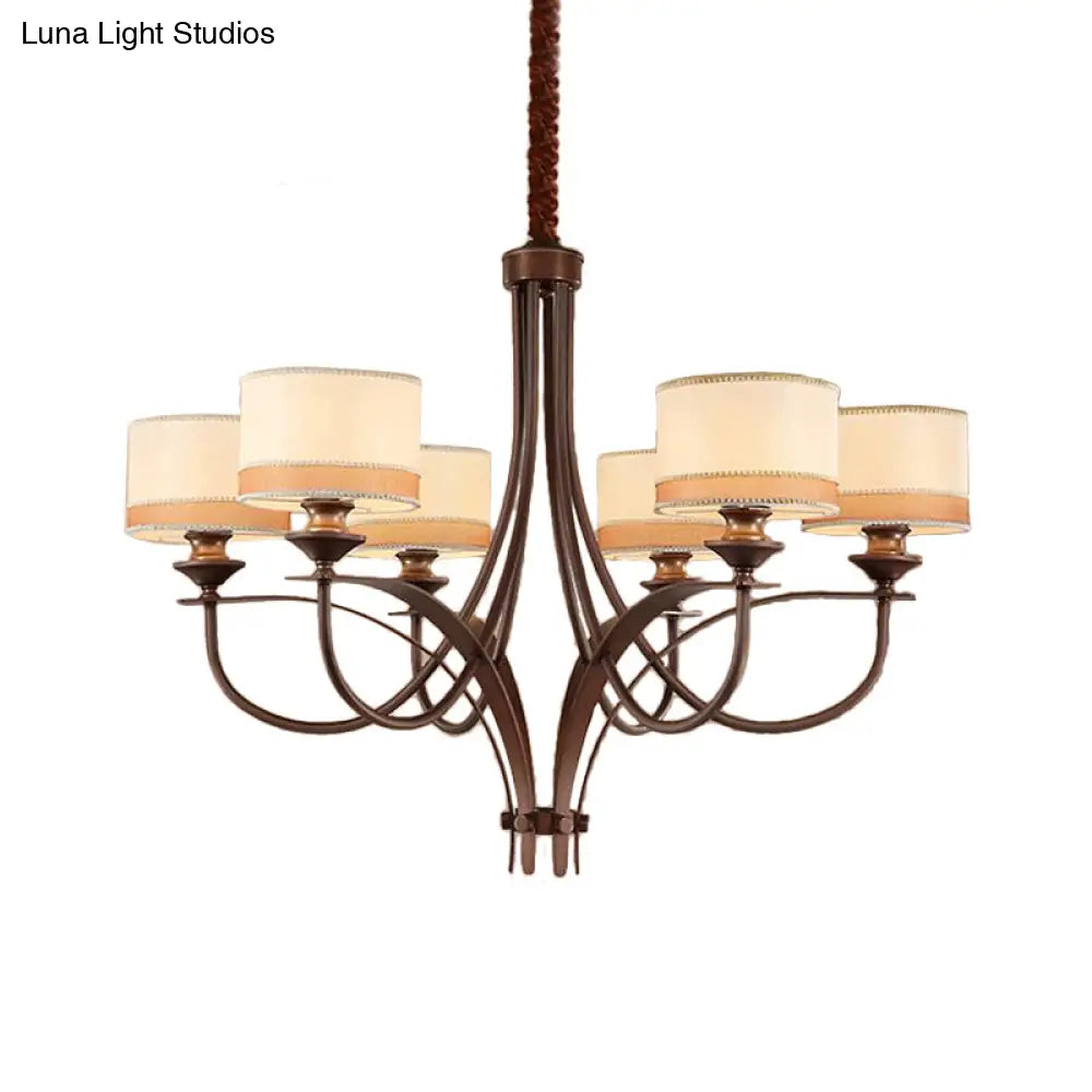 Classic Fabric Drum Chandelier - Light Tan Pendant For Living Room