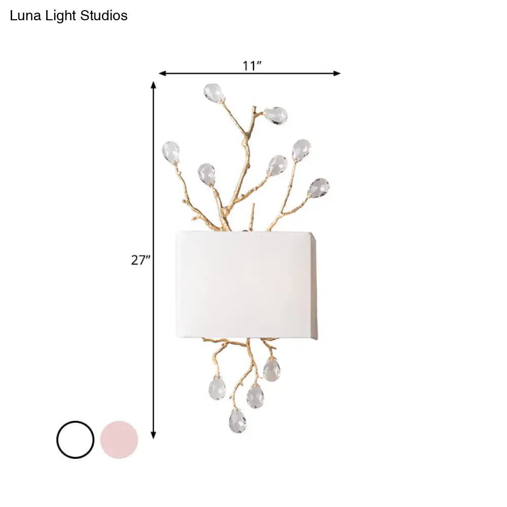 Classic Fabric Rectangle Wall Mounted Lamp With Brass Sconce & Pink/Clear Crystal Accent - 2 Lights