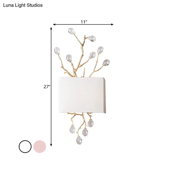 Classic Fabric Rectangle Wall Mounted Lamp With Brass Sconce & Pink/Clear Crystal Accent - 2 Lights