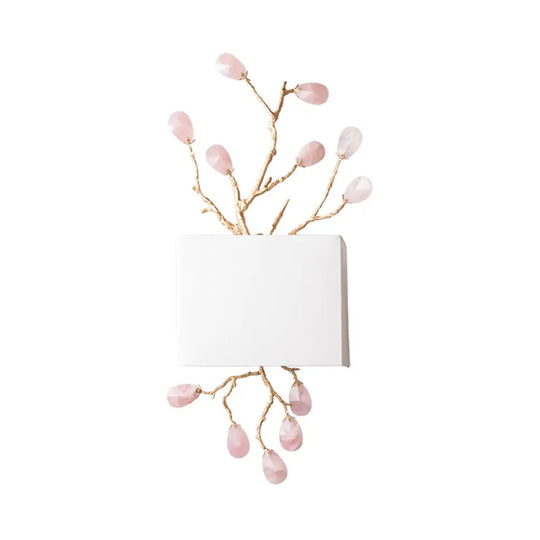 Classic Fabric Rectangle Wall Mounted Lamp With Brass Sconce & Pink/Clear Crystal Accent - 2 Lights