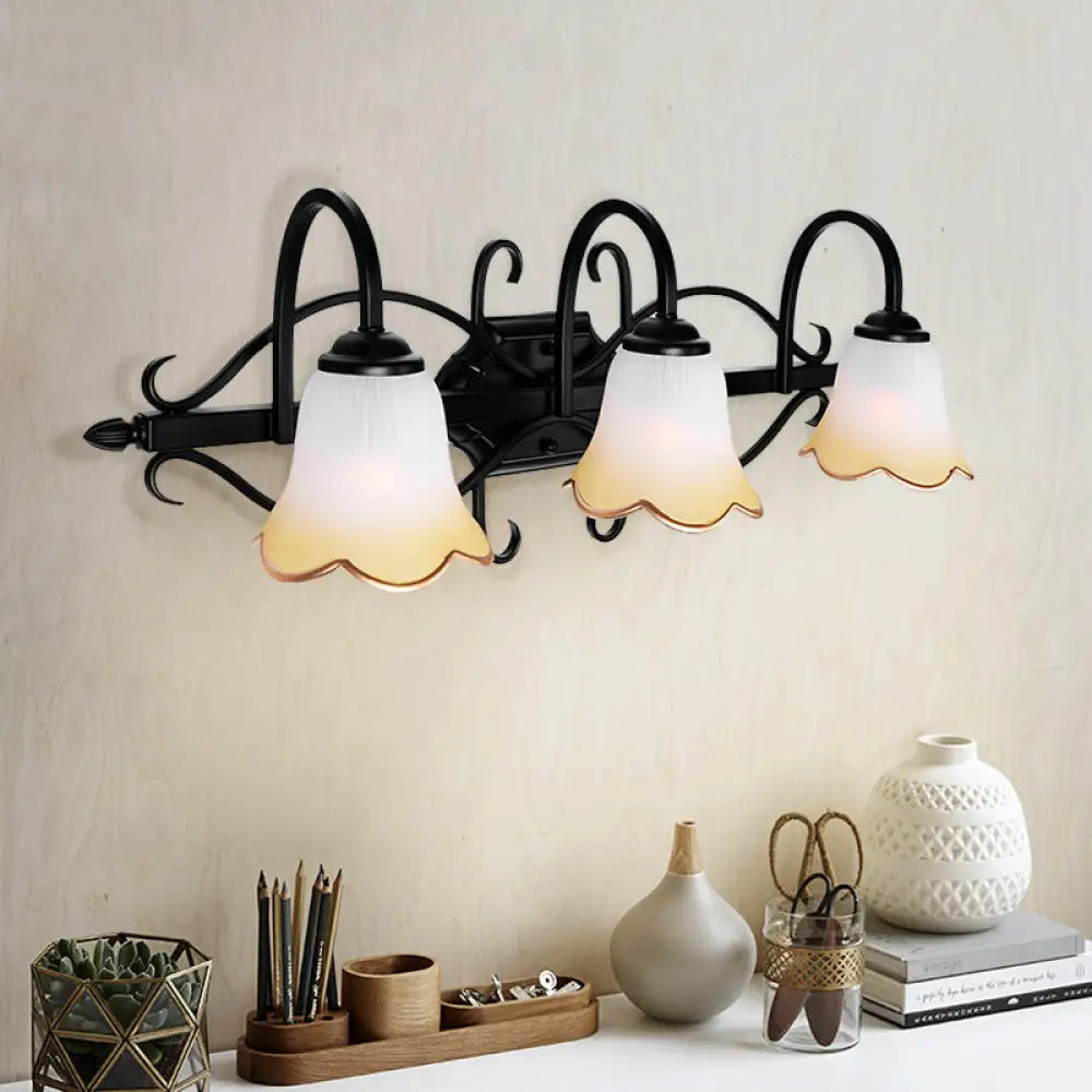 Classic Flared White Glass Wall Mounted Vanity Sconce In Black - 3-Light Bathroom Light