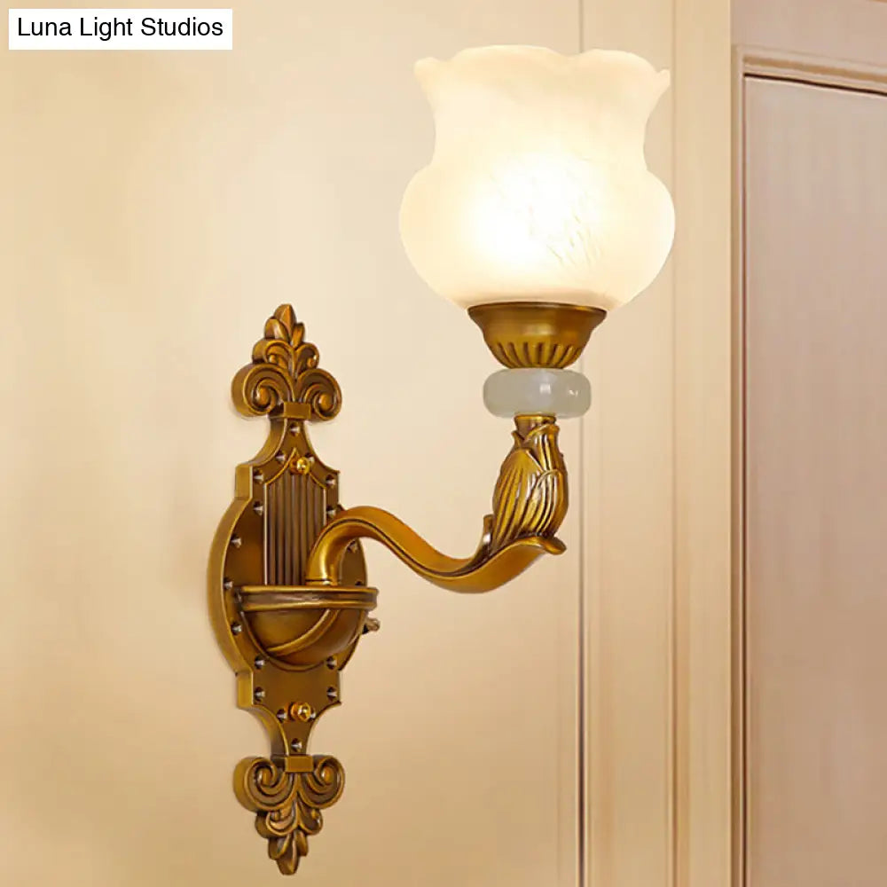 Classic Floral Wall Sconce With Milk Glass Shade And Brass Carved Backplate