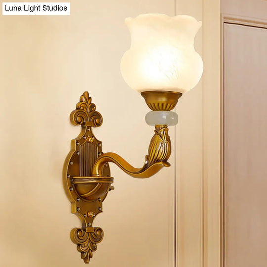 Classic Floral Wall Sconce With Milk Glass Shade And Brass Carved Backplate