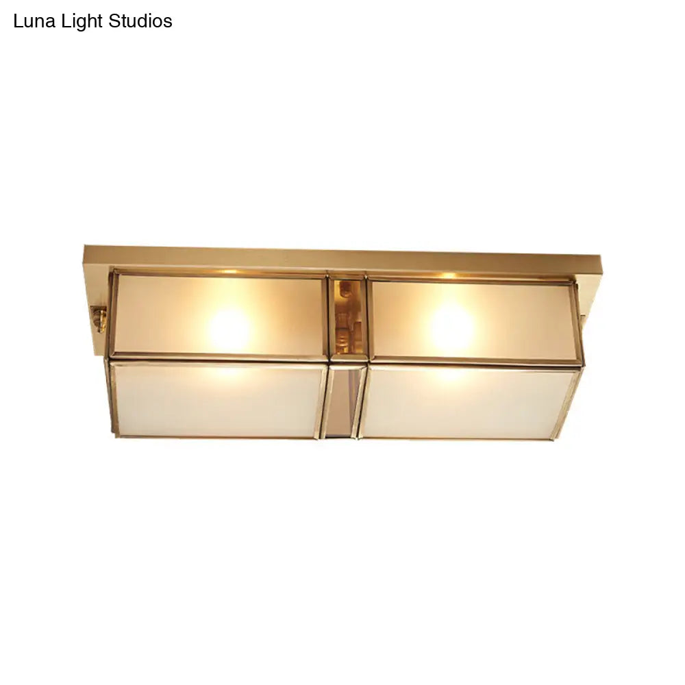 Classic Frosted Glass 4-Light Brass Rectangle Flush Mount Fixture For Living Room