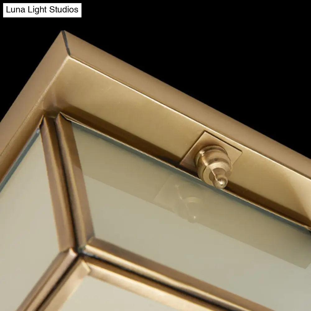 Classic Frosted Glass 4-Light Brass Rectangle Flush Mount Fixture For Living Room