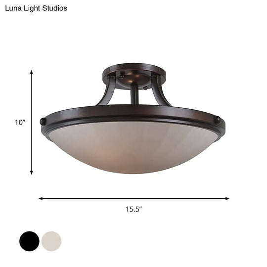Classic Frosted Glass Bowl Semi Flush Mount Light Fixture For Bedroom - Black/Silver 3-Light