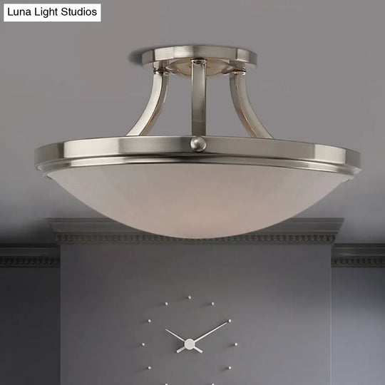 Classic Frosted Glass Bowl Semi Flush Mount Light Fixture For Bedroom - Black/Silver 3-Light Silver