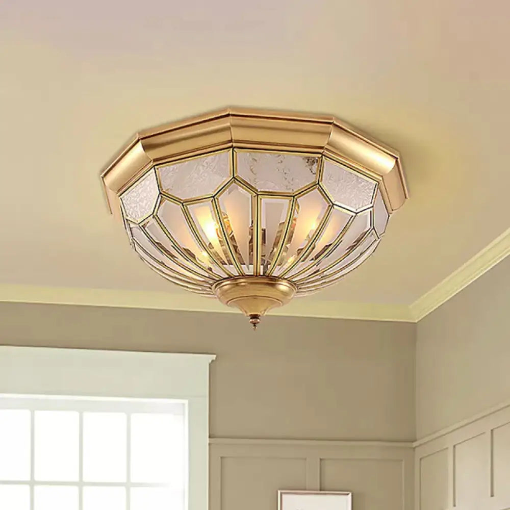 Classic Gold Bedroom Flush Mount Lamp With Frosted Glass Shade And Multiple Lights