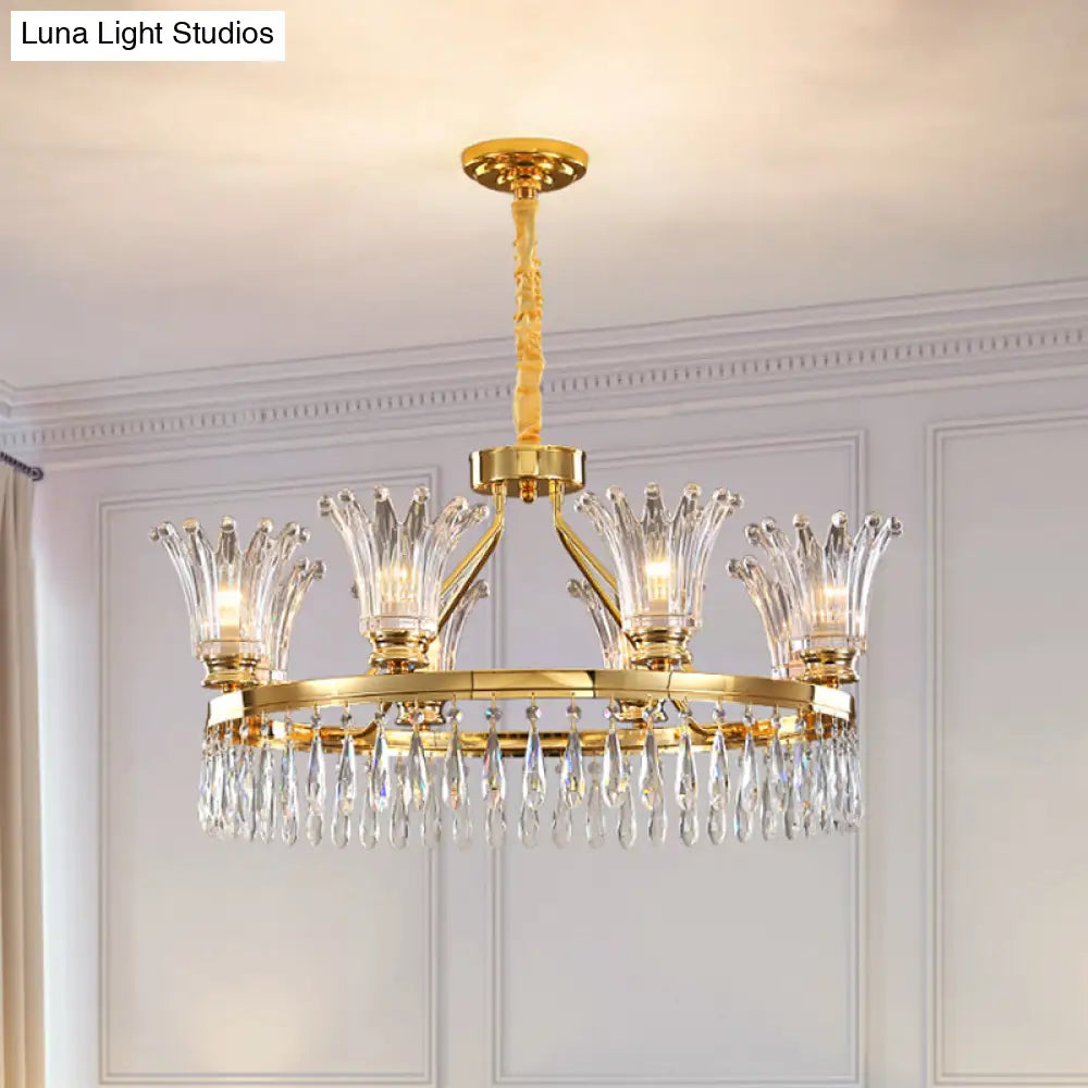 Classic Gold Flared Chandelier With Clear Crystals - 5/8 Bulb Ceiling Pendant