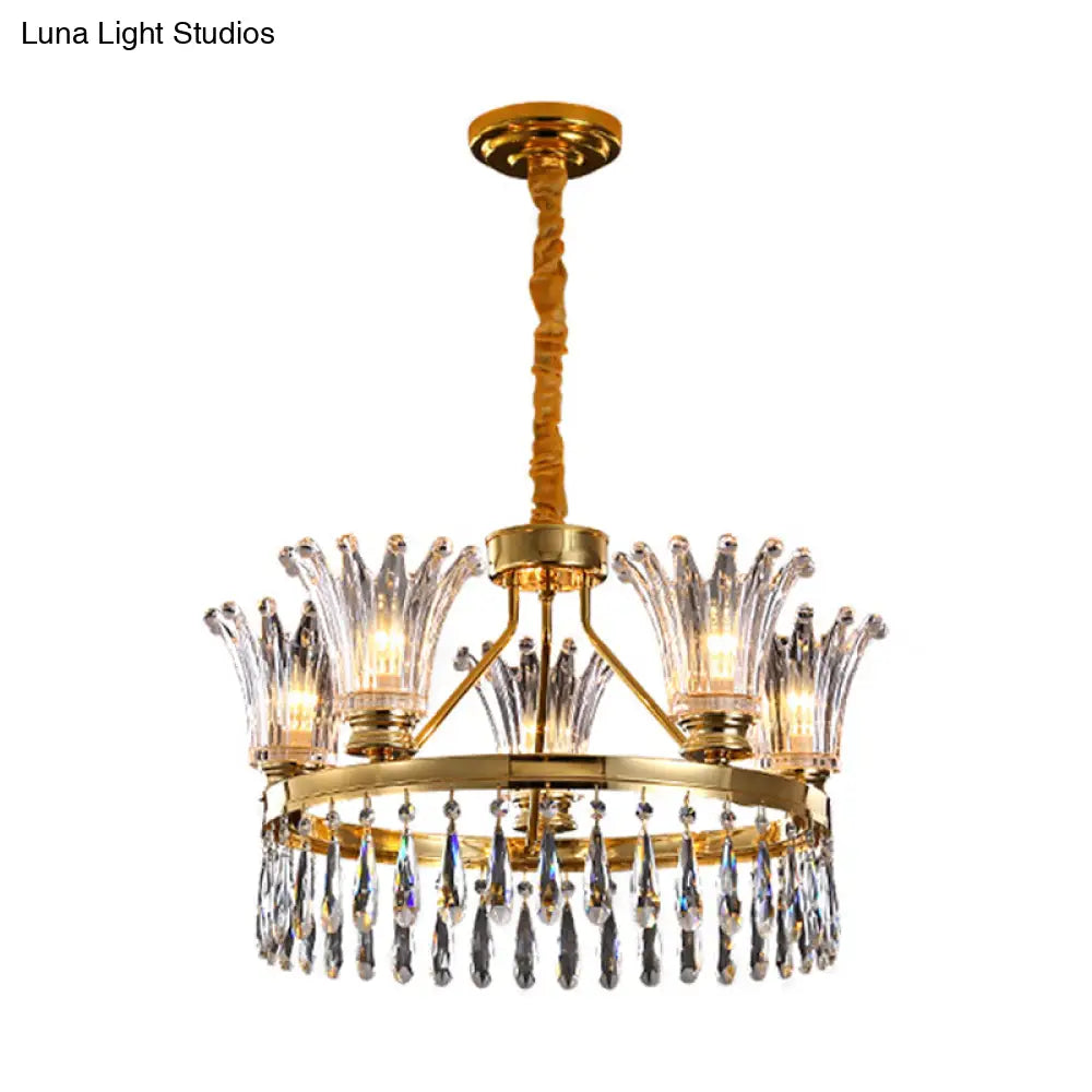 Classic Gold Flared Chandelier With Clear Crystals - 5/8 Bulb Ceiling Pendant