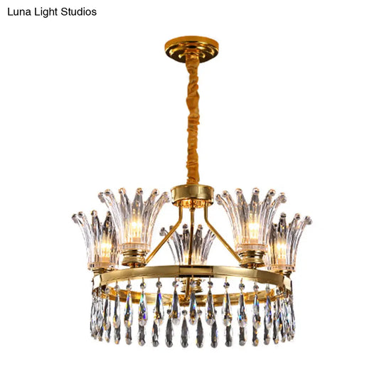 Classic Gold Flared Chandelier With Clear Crystals - 5/8 Bulb Ceiling Pendant