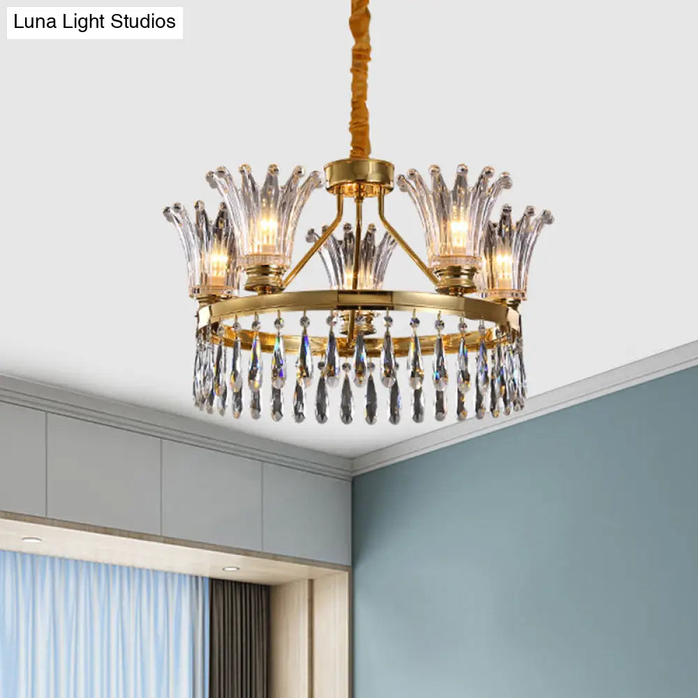 Classic Gold Flared Chandelier With Clear Crystals - 5/8 Bulb Ceiling Pendant