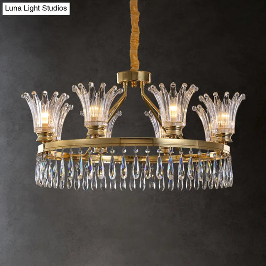 Classic Gold Flared Chandelier With Clear Crystals - 5/8 Bulb Ceiling Pendant