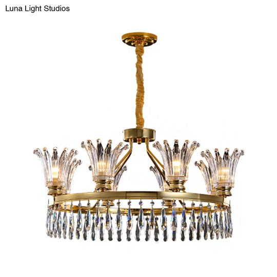 Classic Gold Flared Chandelier With Clear Crystals - 5/8 Bulb Ceiling Pendant