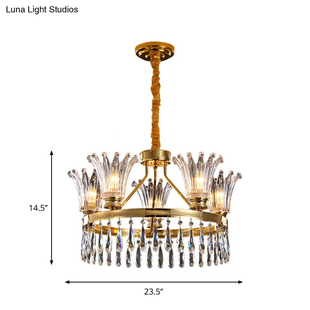 Classic Gold Flared Chandelier With Clear Crystals - 5/8 Bulb Ceiling Pendant